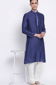 Mens Deep Blue-Coloured Blue Woven Design Straight Kurta