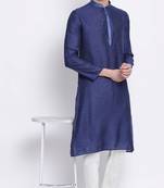 Mens Deep Blue-Coloured Blue Woven Design Straight Kurta
