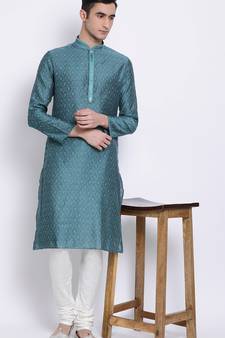 Mens Deep Green-Coloured Woven Design Straight Kurta