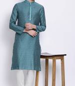 Mens Deep Green-Coloured Woven Design Straight Kurta