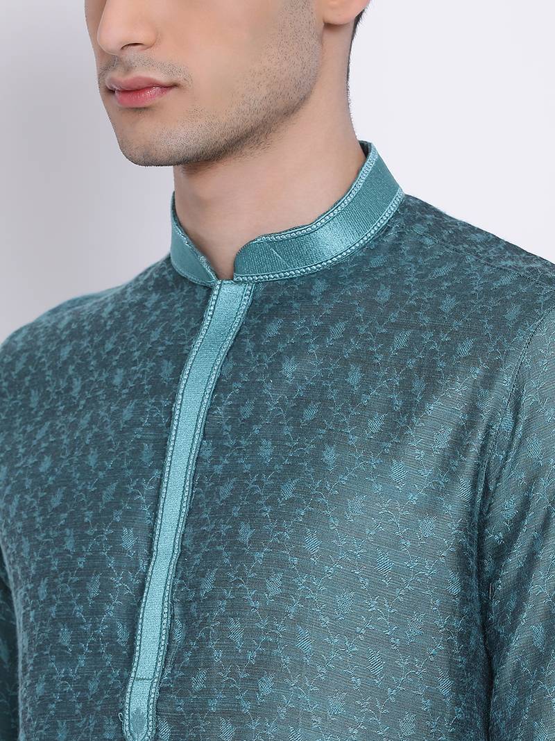 Mens Deep Green-Coloured Woven Design Straight Kurta