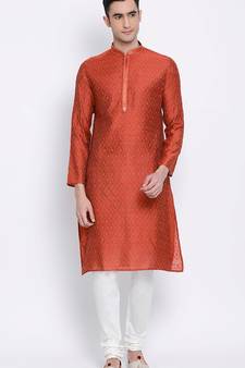 Mens Rust-Coloured Woven Design Straight Kurta