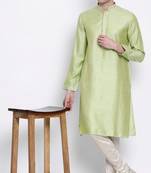 Mens Light Green-Coloured Woven Design Straight Kurta