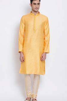 Mens Orange-Coloured Woven Design Straight Kurta