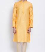 Mens Orange-Coloured Woven Design Straight Kurta