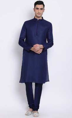 Mens Deep Blue-Coloured Blue Solid Cotton Straight Kurta 1