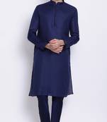 Mens Deep Blue-Coloured Blue Solid Cotton Straight Kurta