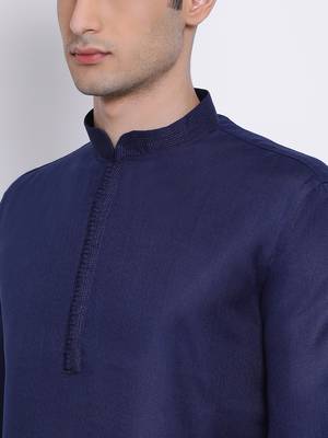 Mens Deep Blue-Coloured Blue Solid Cotton Straight Kurta 2