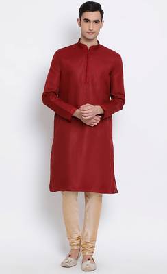 Mens Maroon-Coloured Solid Cotton Straight Kurta 1