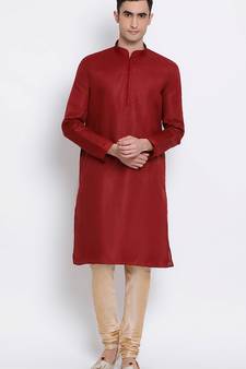 Mens Maroon-Coloured Solid Cotton Straight Kurta