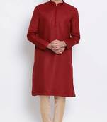 Mens Maroon-Coloured Solid Cotton Straight Kurta