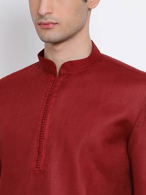 Mens Maroon-Coloured Solid Cotton Straight Kurta 2