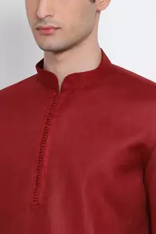 Mens Maroon-Coloured Solid Cotton Straight Kurta