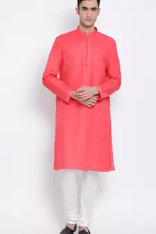 Mens Pink-Coloured Solid Cotton Straight Kurta