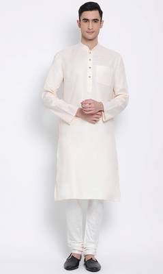 Mens Beige-Coloured Solid Cotton Straight Kurta 1