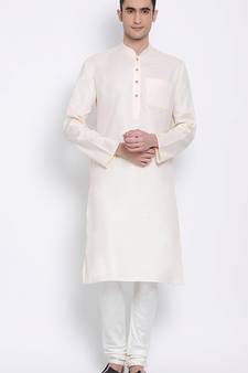 Mens Beige-Coloured Solid Cotton Straight Kurta