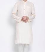 Mens Beige-Coloured Solid Cotton Straight Kurta