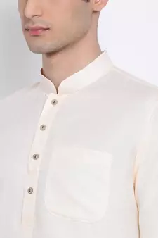 Mens Beige-Coloured Solid Cotton Straight Kurta
