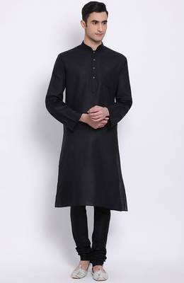 Mens Black-Coloured Solid Cotton Straight Kurta 1