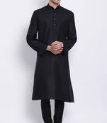 Mens Black-Coloured Solid Cotton Straight Kurta