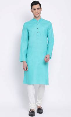Mens Sea Green-Coloured Solid Cotton Straight Kurta 1