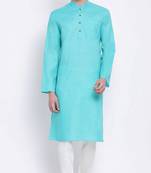 Mens Sea Green-Coloured Solid Cotton Straight Kurta