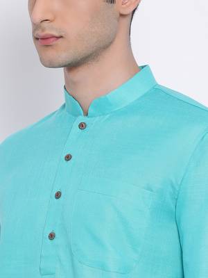 Mens Sea Green-Coloured Solid Cotton Straight Kurta 2