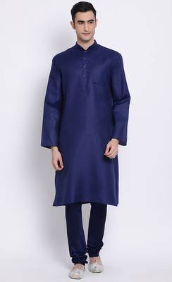 Mens Deep Blue-Coloured Blue Solid Cotton Straight Kurta 1