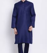 Mens Deep Blue-Coloured Blue Solid Cotton Straight Kurta