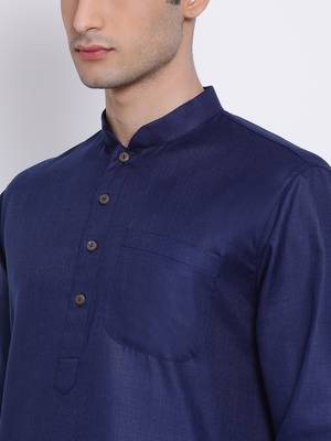 Mens Deep Blue-Coloured Blue Solid Cotton Straight Kurta 2