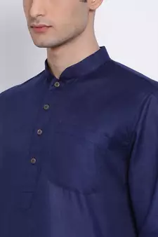 Mens Deep Blue-Coloured Blue Solid Cotton Straight Kurta