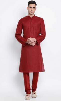 Mens Maroon-Coloured Solid Cotton Straight Kurta 1