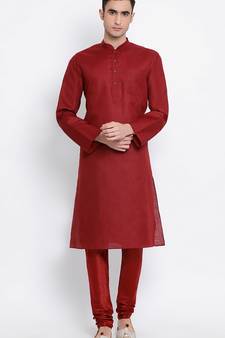 Mens Maroon-Coloured Solid Cotton Straight Kurta