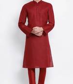 Mens Maroon-Coloured Solid Cotton Straight Kurta