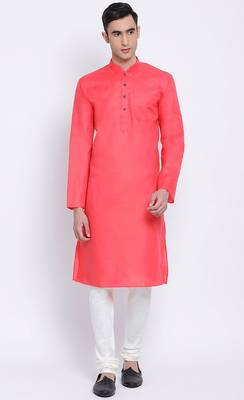 Mens Pink-Coloured Solid Cotton Straight Kurta 1