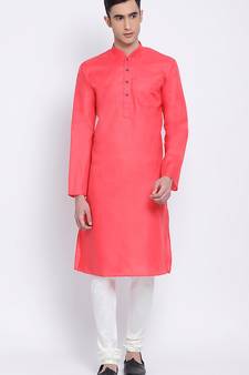 Mens Pink-Coloured Solid Cotton Straight Kurta
