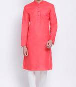 Mens Pink-Coloured Solid Cotton Straight Kurta
