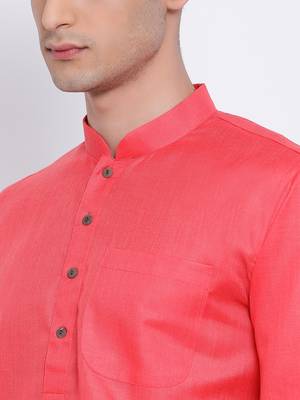 Mens Pink-Coloured Solid Cotton Straight Kurta 2