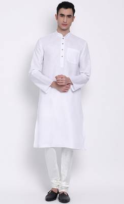 Mens White-Coloured Solid Cotton Straight Kurta 1