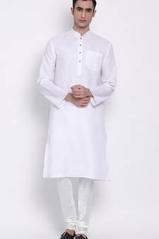 Mens White-Coloured Solid Cotton Straight Kurta