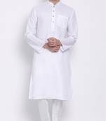 Mens White-Coloured Solid Cotton Straight Kurta