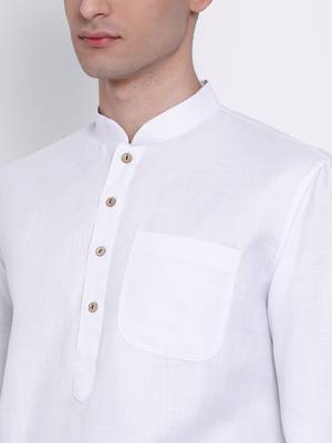 Mens White-Coloured Solid Cotton Straight Kurta 2
