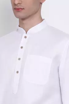 Mens White-Coloured Solid Cotton Straight Kurta