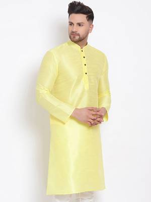 Men's Art Silk Solid Sunflower Yellow Colour Straight Kurta 3