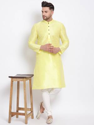 Men's Art Silk Solid Sunflower Yellow Colour Straight Kurta 5