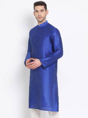 Men's Art Silk Solid Ink Blue Colour Straight Kurta 2