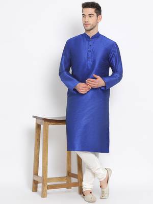 Men's Art Silk Solid Ink Blue Colour Straight Kurta 5
