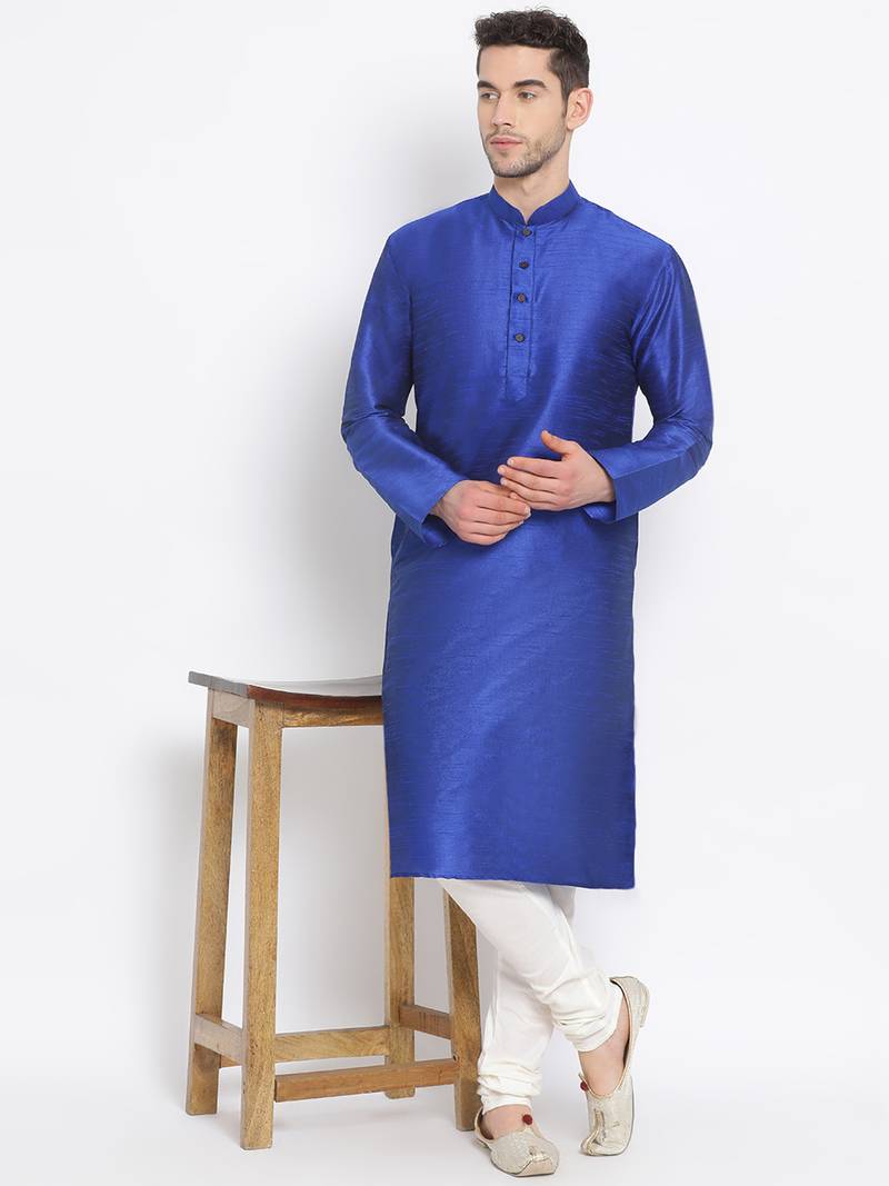 Men's Art Silk Solid Ink Blue Colour Straight Kurta