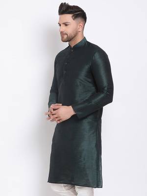 Men's Art Silk Solid Fourleaf Green Colour Straight Kurta 2