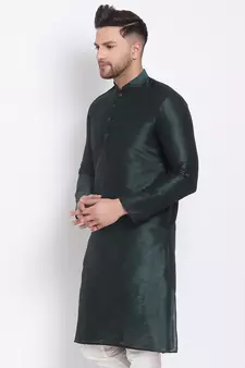 Men's Art Silk Solid Fourleaf Green Colour Straight Kurta